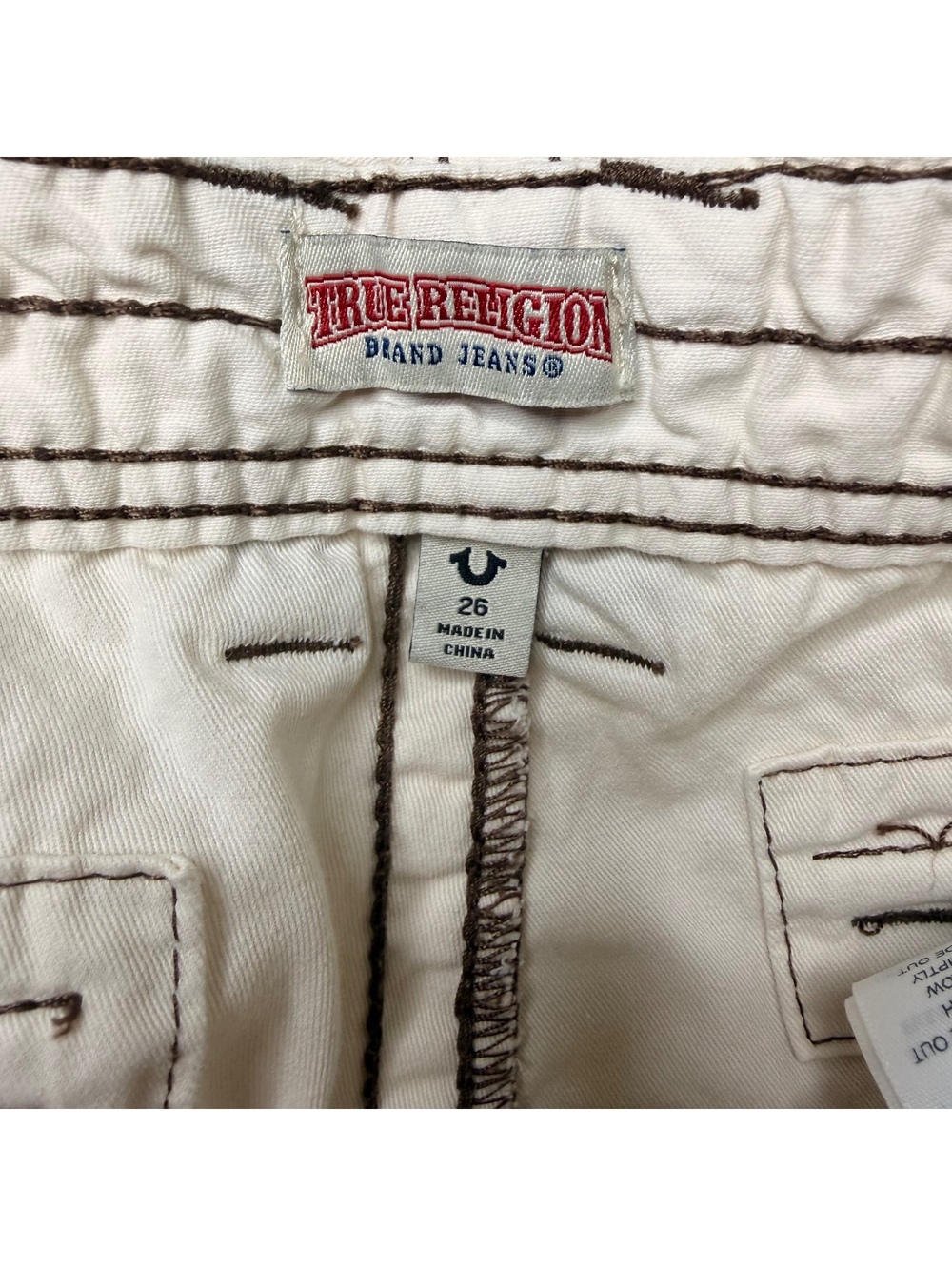 True Religion Womens Cargo Cream  Pants with Brown Stitching Size 26 - Picture 6 of 8